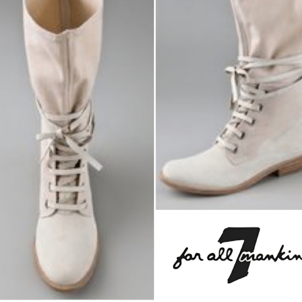 7 For All Mankind Olivia Beige Lace Up Leather Block Heel Flat Boots Siz…